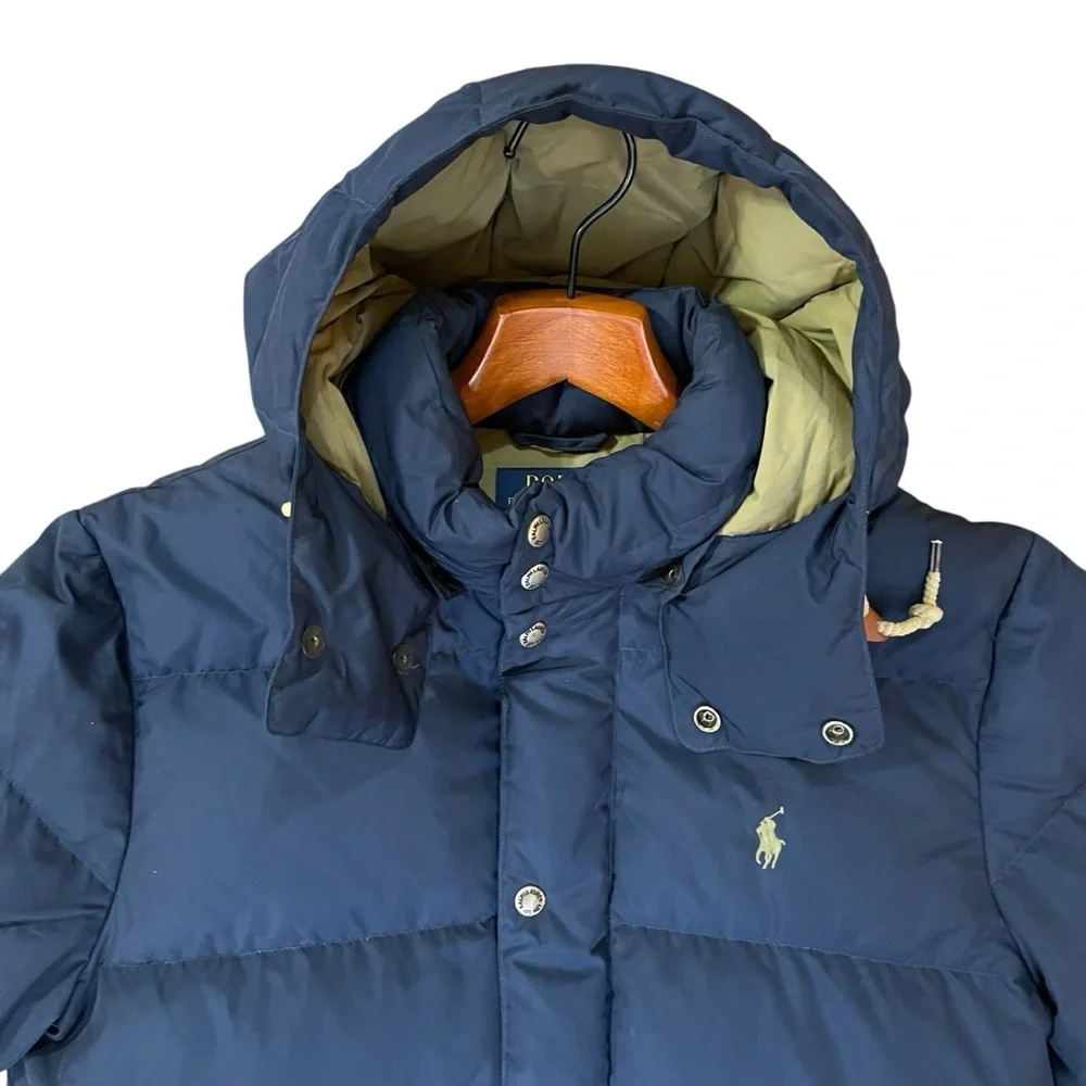 Polo Ralph Lauren Navy Goose Down Puffer Jacket Hooded Leather Toggle Coat Men’s